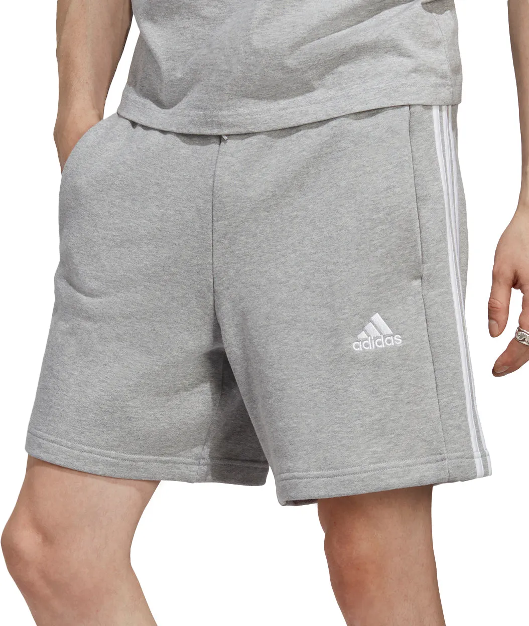 adidas Essentials 3 Stripes Mens Shorts - Grey men's shorts for summer activities and lounging