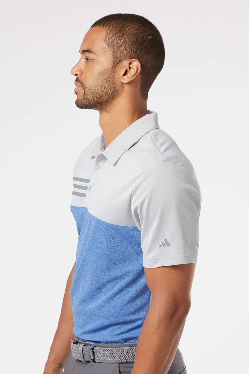 Adidas Mens 3 Stripes Colorblock UPF 50  Short Sleeve Polo Shirt - Heather Grey/Heather Collegiate Royal Blue