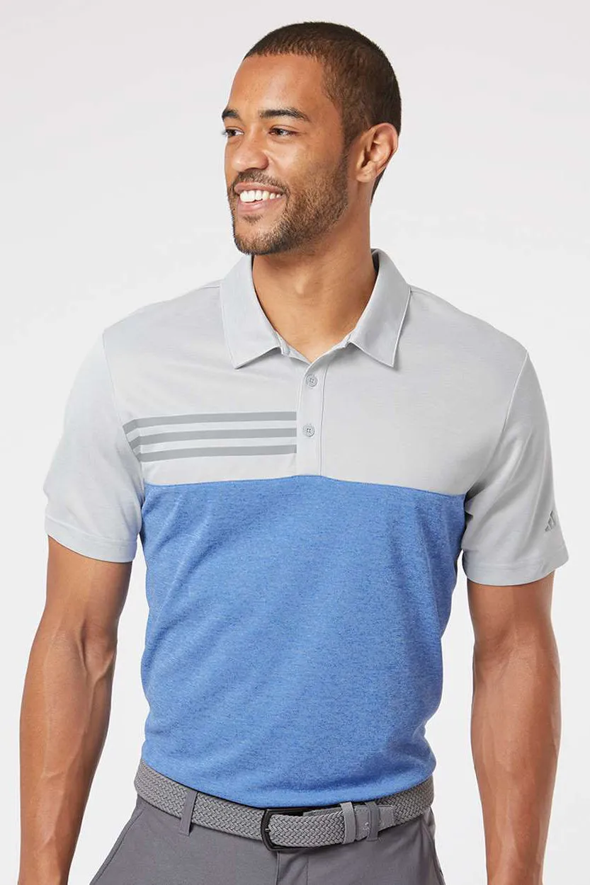 Adidas Mens 3 Stripes Colorblock UPF 50  Short Sleeve Polo Shirt - Heather Grey/Heather Collegiate Royal Blue
