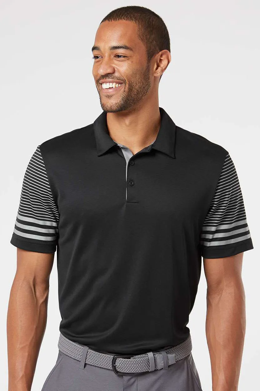 Adidas Mens Striped UPF 50  Short Sleeve Polo Shirt - Black - Closeout