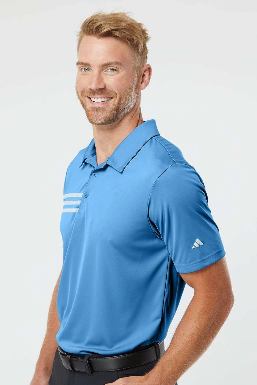 Adidas Mens 3 Stripes UPF 50  Short Sleeve Polo Shirt - Lucky Blue/White