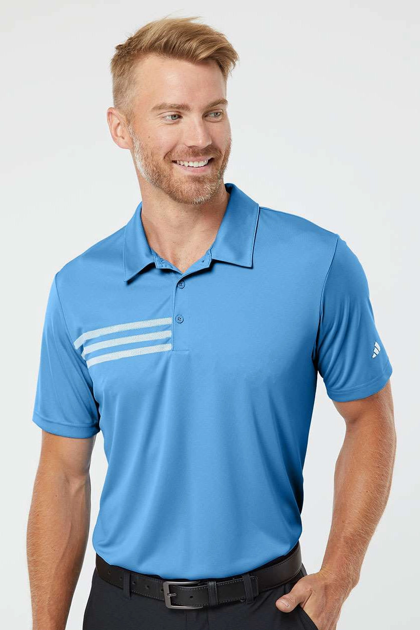 Adidas Mens 3 Stripes UPF 50  Short Sleeve Polo Shirt - Lucky Blue/White