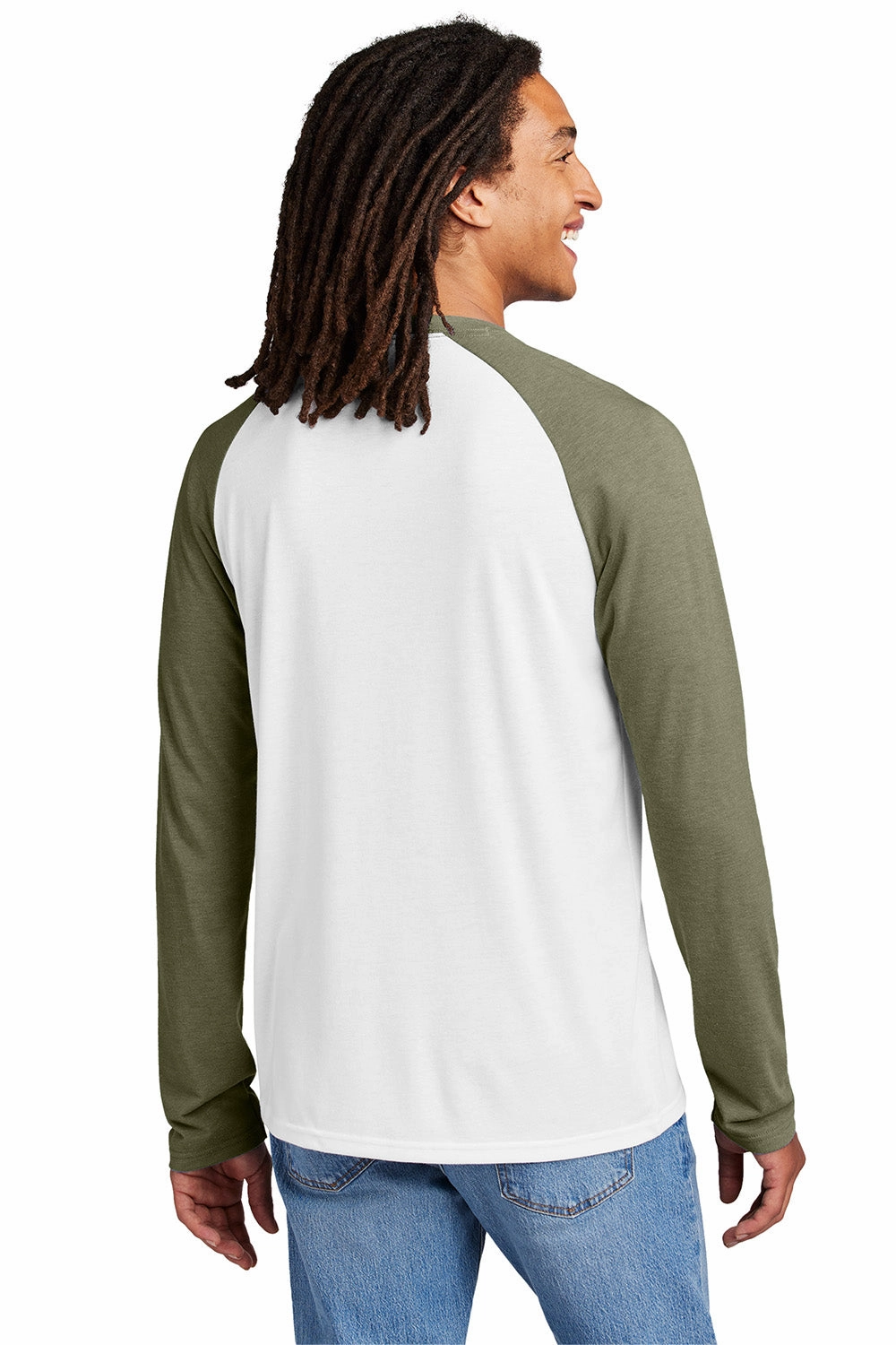 Allmade Mens Colorblock Long Sleeve Crewneck T-Shirt - Bright White/Olive You Green