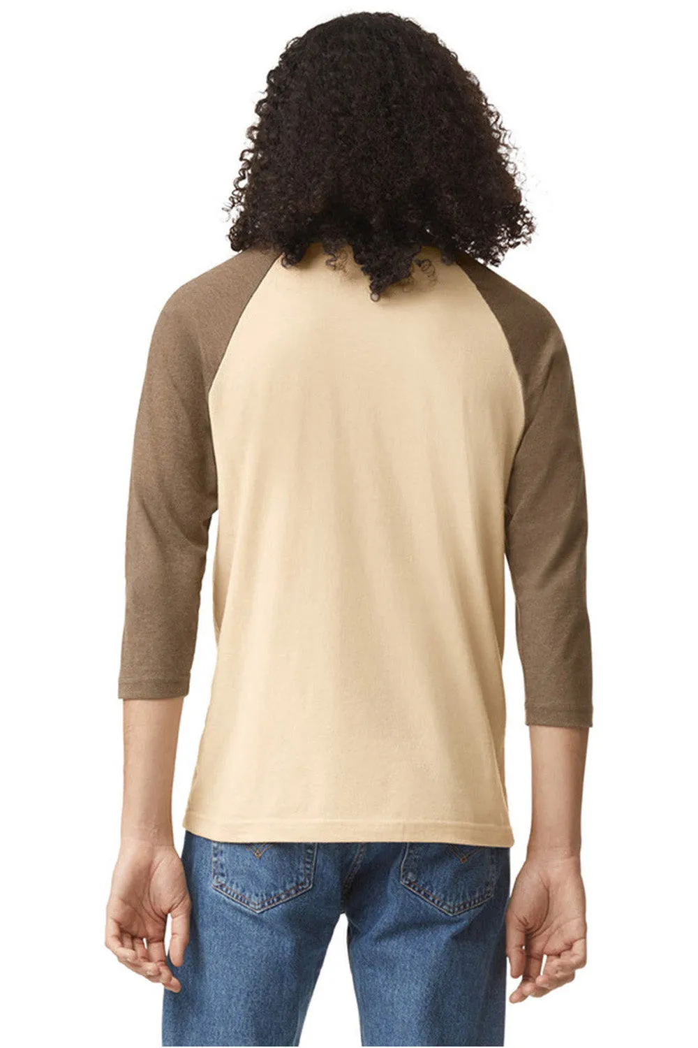American Apparel Mens CVC Raglan 3/4 Sleeve Crewneck T-Shirt - Heather Bone/Heather Army Brown