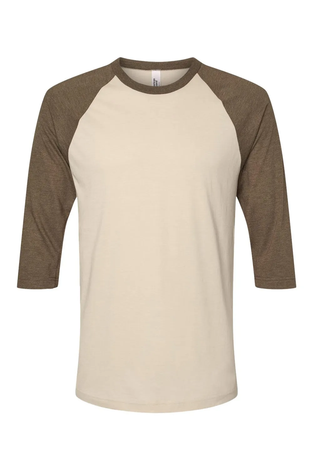 American Apparel Mens CVC Raglan 3/4 Sleeve Crewneck T-Shirt - Heather Bone/Heather Army Brown