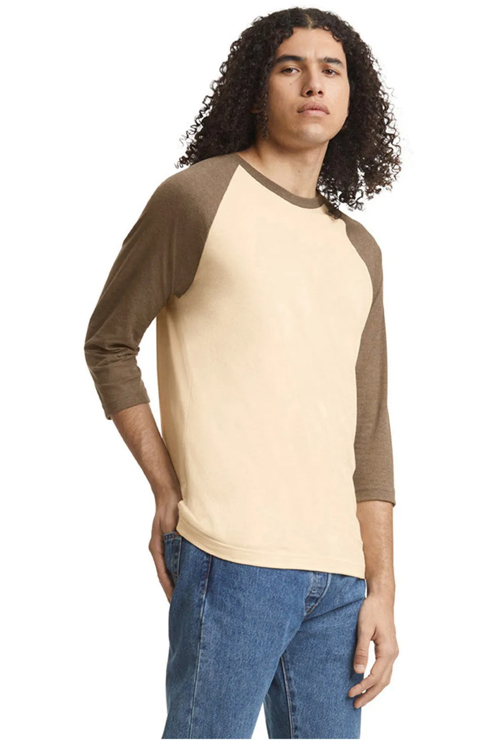 American Apparel Mens CVC Raglan 3/4 Sleeve Crewneck T-Shirt - Heather Bone/Heather Army Brown