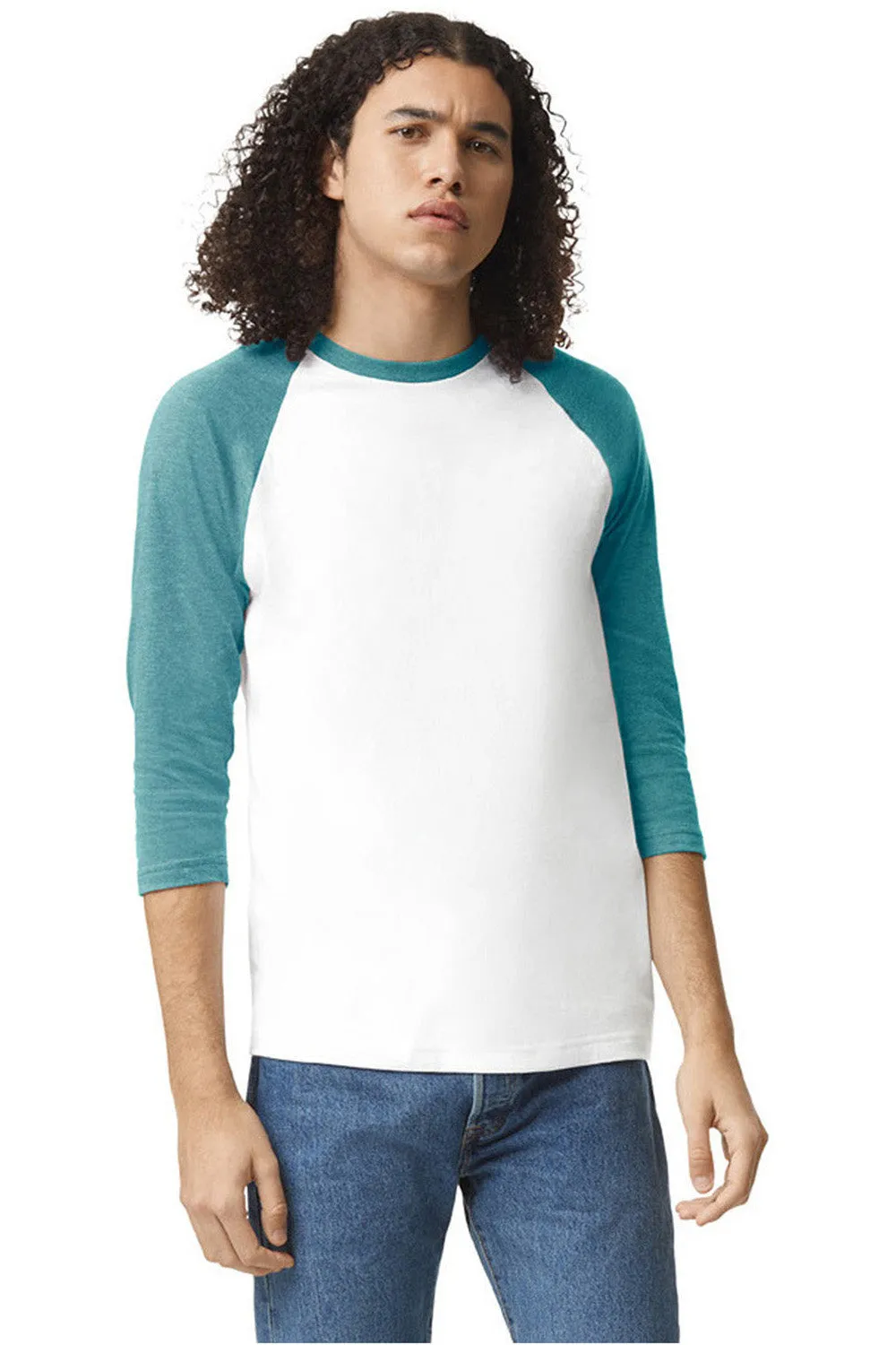 American Apparel Mens CVC Raglan 3/4 Sleeve Crewneck T-Shirt - White/Heather Arctic Blue