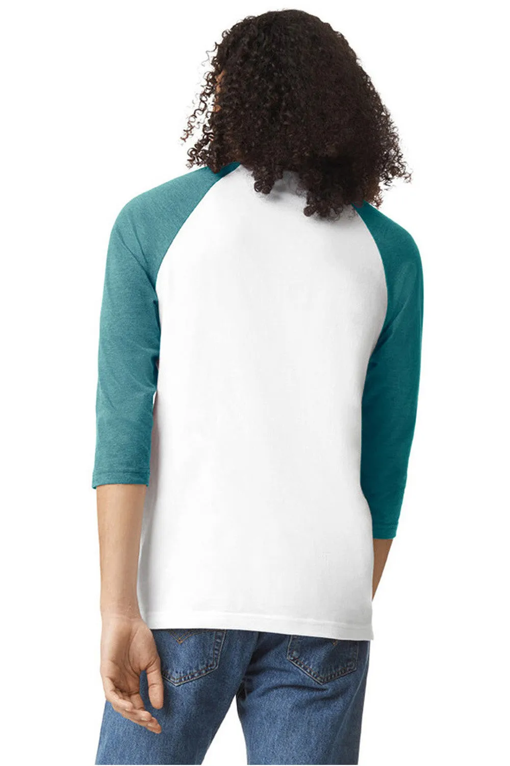 American Apparel Mens CVC Raglan 3/4 Sleeve Crewneck T-Shirt - White/Heather Arctic Blue
