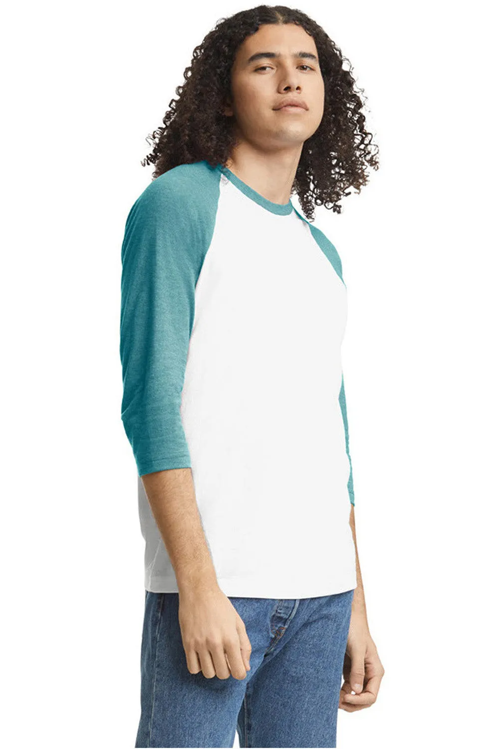 American Apparel Mens CVC Raglan 3/4 Sleeve Crewneck T-Shirt - White/Heather Arctic Blue