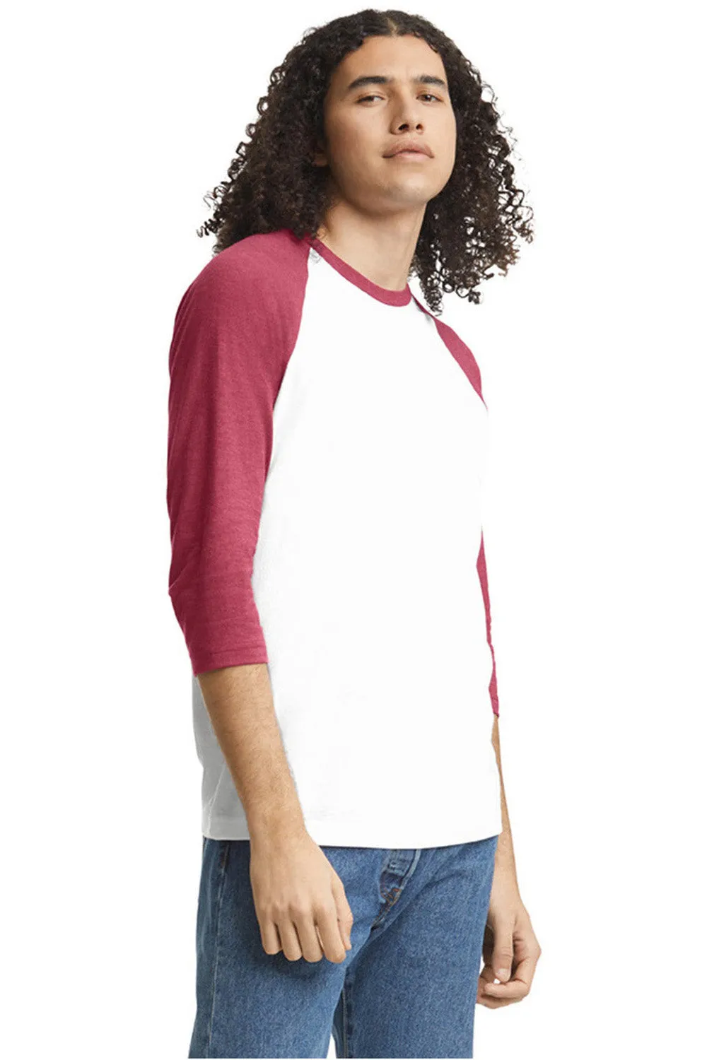 American Apparel Mens CVC Raglan 3/4 Sleeve Crewneck T-Shirt - White/Heather Cardinal Red