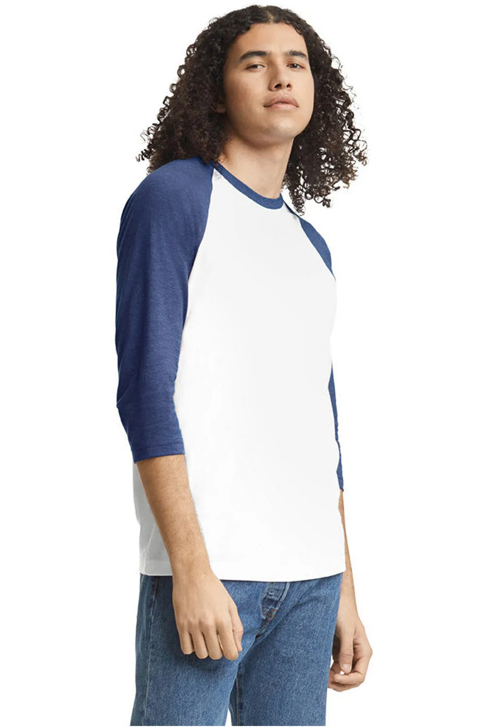 American Apparel Mens CVC Raglan 3/4 Sleeve Crewneck T-Shirt - White/Heather Indigo Blue