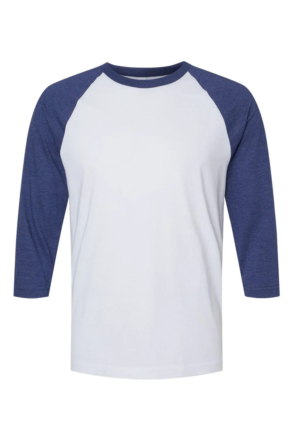 American Apparel Mens CVC Raglan 3/4 Sleeve Crewneck T-Shirt - White/Heather Indigo Blue