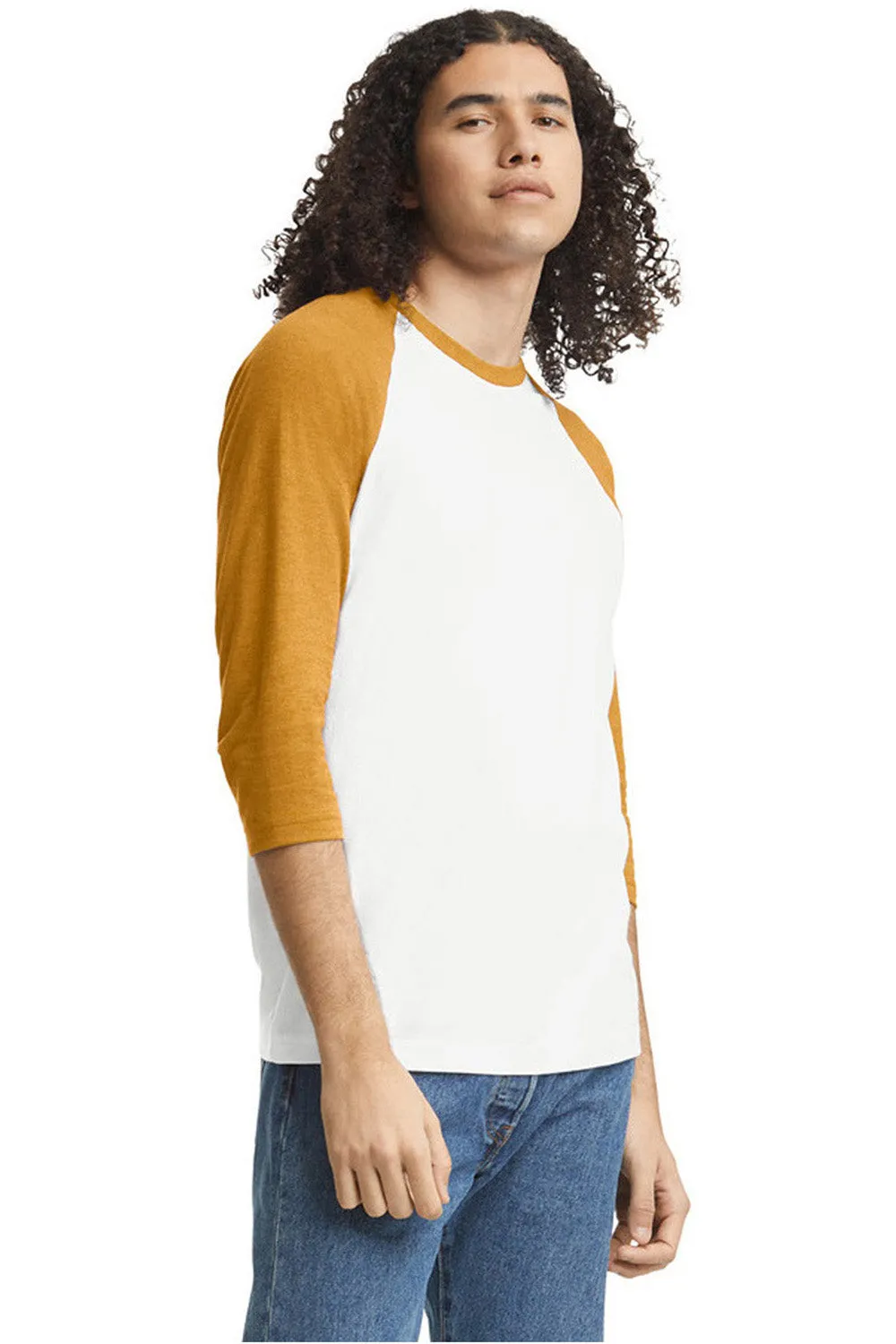 American Apparel Mens CVC Raglan 3/4 Sleeve Crewneck T-Shirt - White/Heather Mustard Yellow