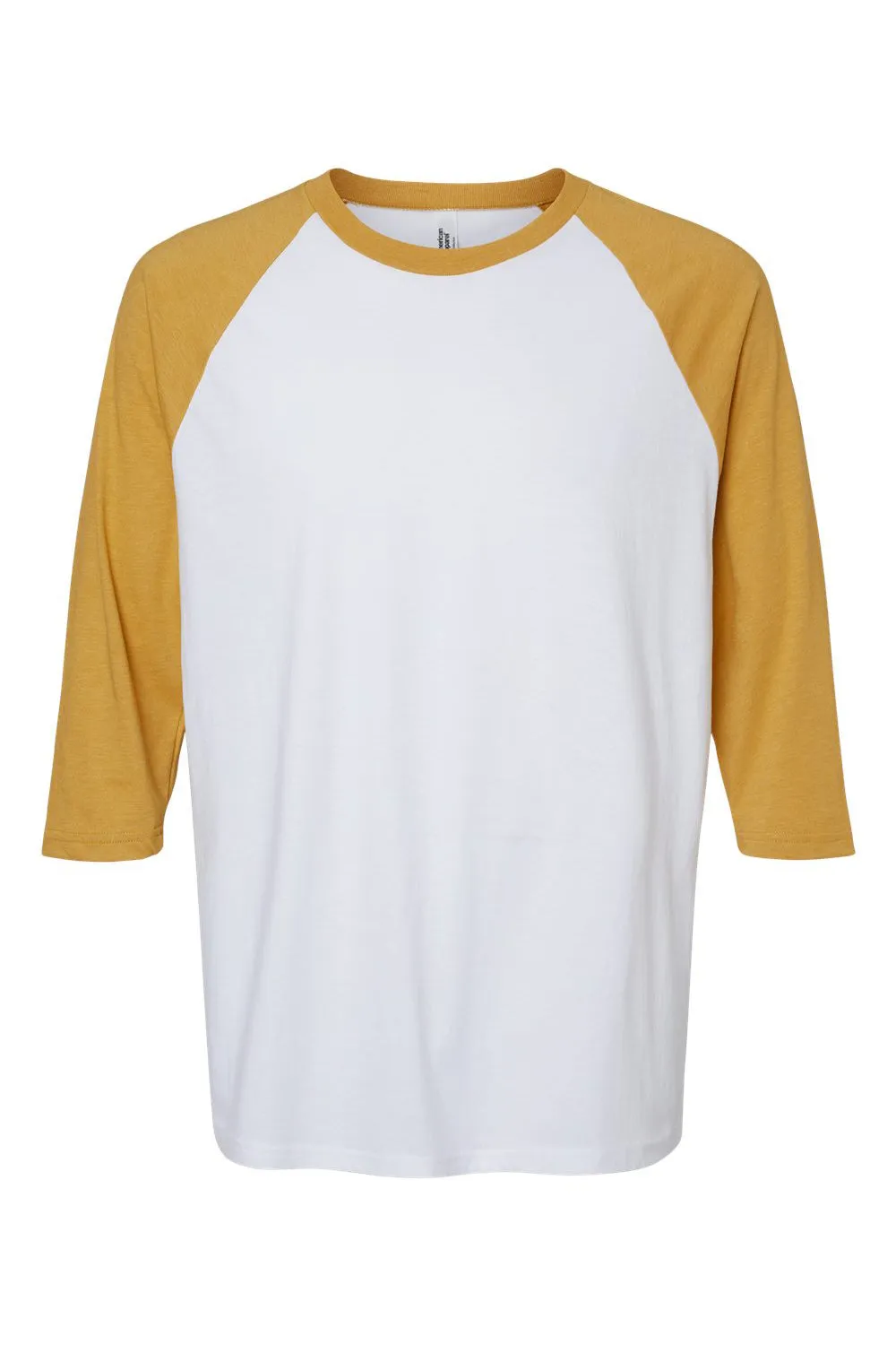 American Apparel Mens CVC Raglan 3/4 Sleeve Crewneck T-Shirt - White/Heather Mustard Yellow