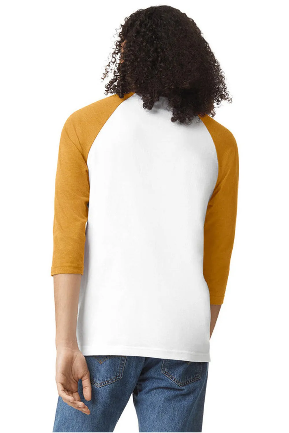 American Apparel Mens CVC Raglan 3/4 Sleeve Crewneck T-Shirt - White/Heather Mustard Yellow