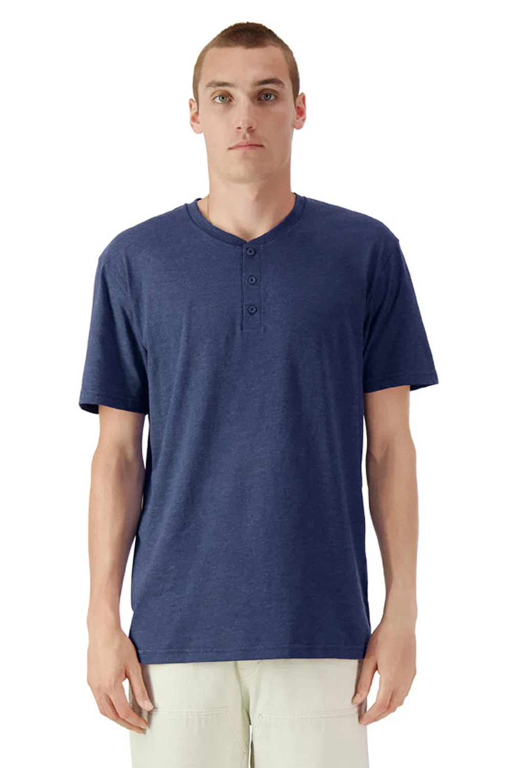 American Apparel Mens CVC Short Sleeve Henley T-Shirt - Heather Indigo Blue