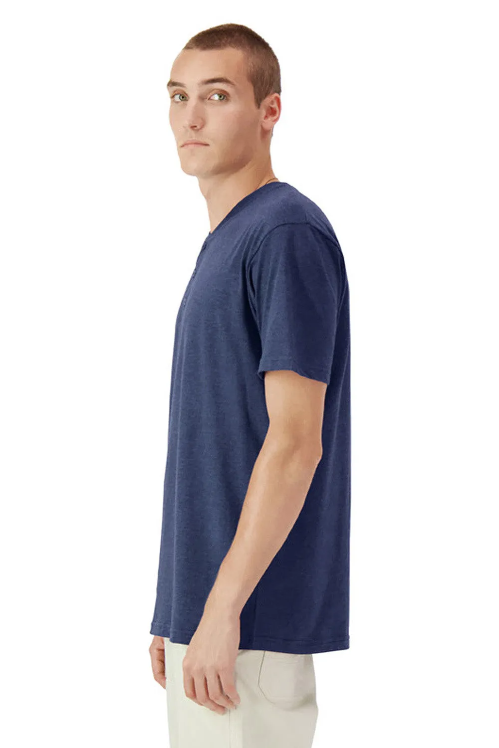 American Apparel Mens CVC Short Sleeve Henley T-Shirt - Heather Indigo Blue