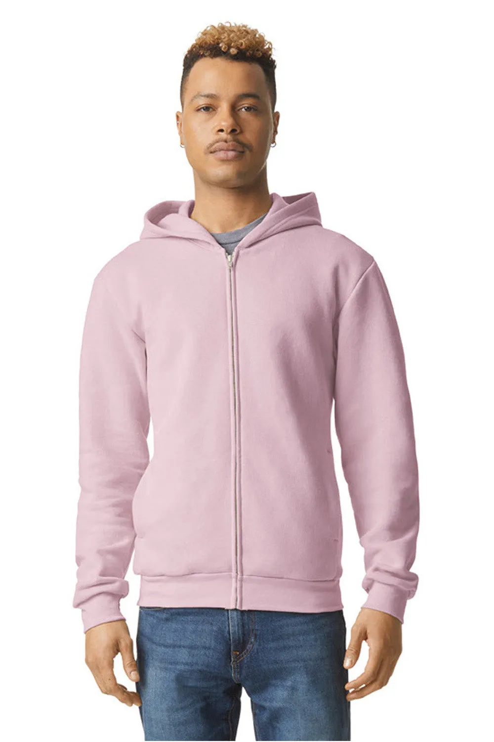 American Apparel Mens ReFlex Fleece Full Zip Hooded Sweatshirt Hoodie w/ Pockets - Blush Pink