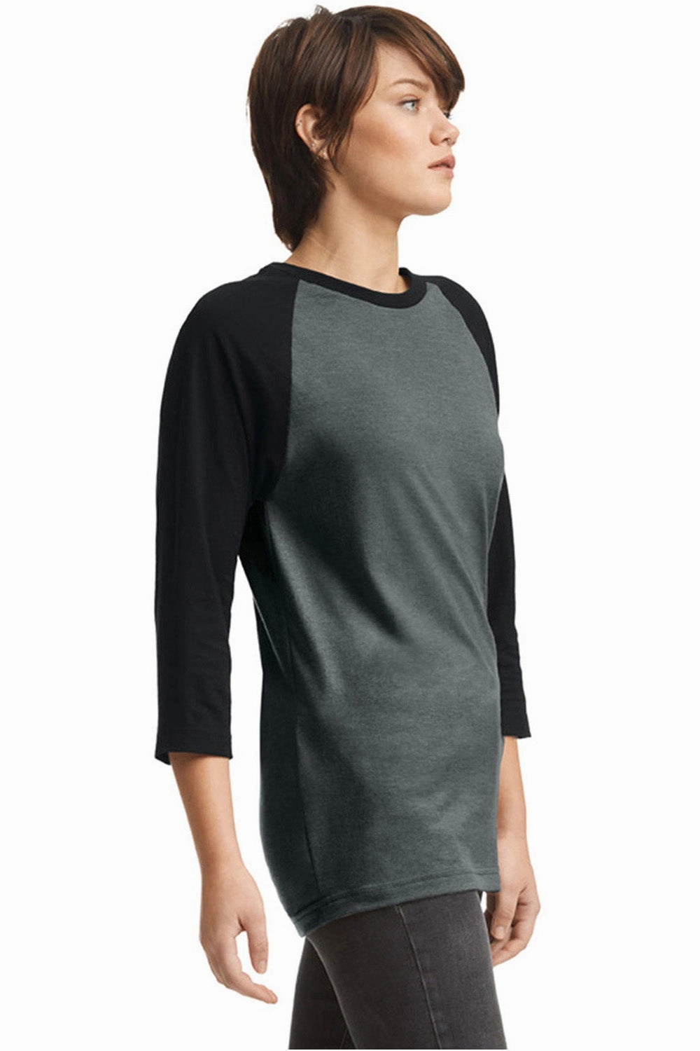 American Apparel Mens CVC Raglan 3/4 Sleeve Crewneck T-Shirt - Heather Charcoal Grey/Black