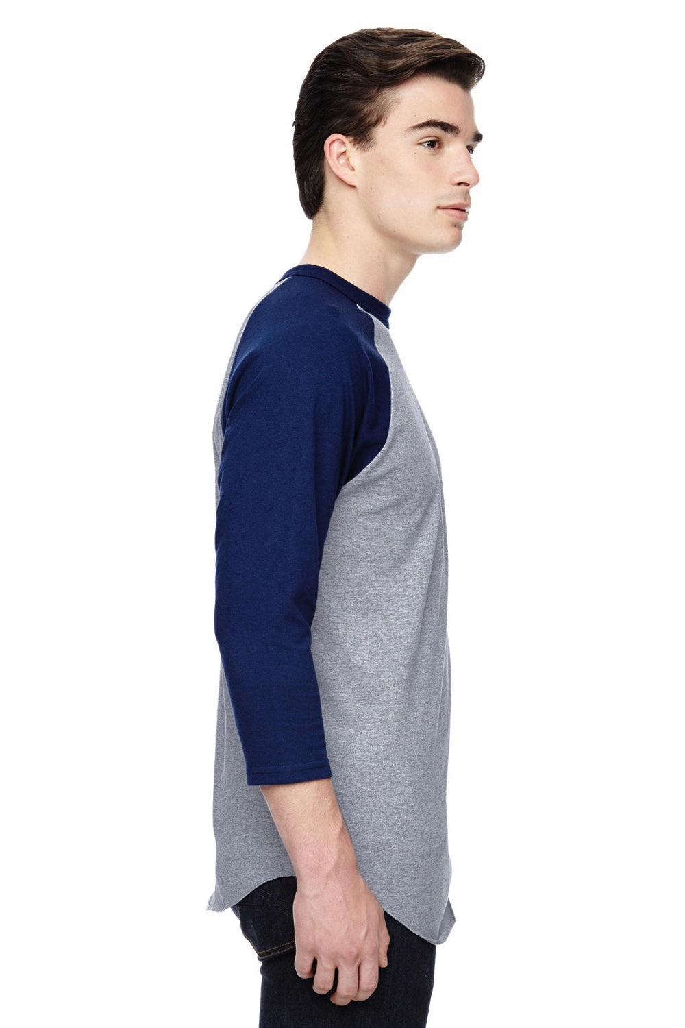 Augusta Sportswear Mens 3/4 Sleeve Crewneck T-Shirt - Heather Grey/Navy Blue