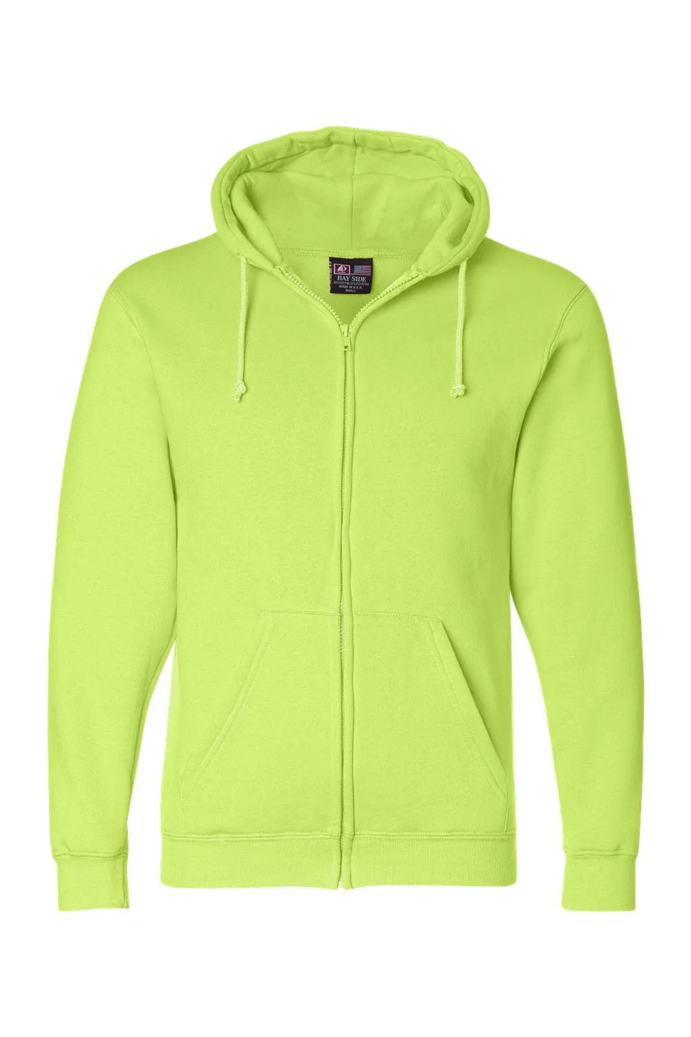 Bayside Mens USA Made Full Zip Hooded Sweatshirt Hoodie w/ Pockets - Lime Green