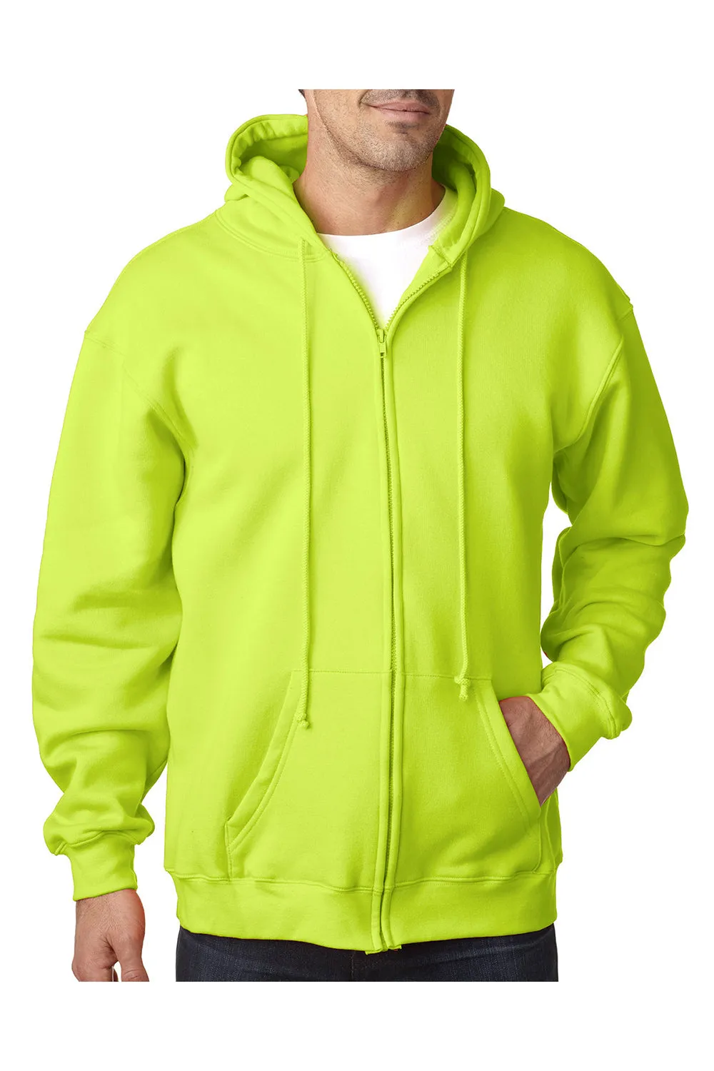 Bayside Mens USA Made Full Zip Hooded Sweatshirt Hoodie w/ Pockets - Lime Green