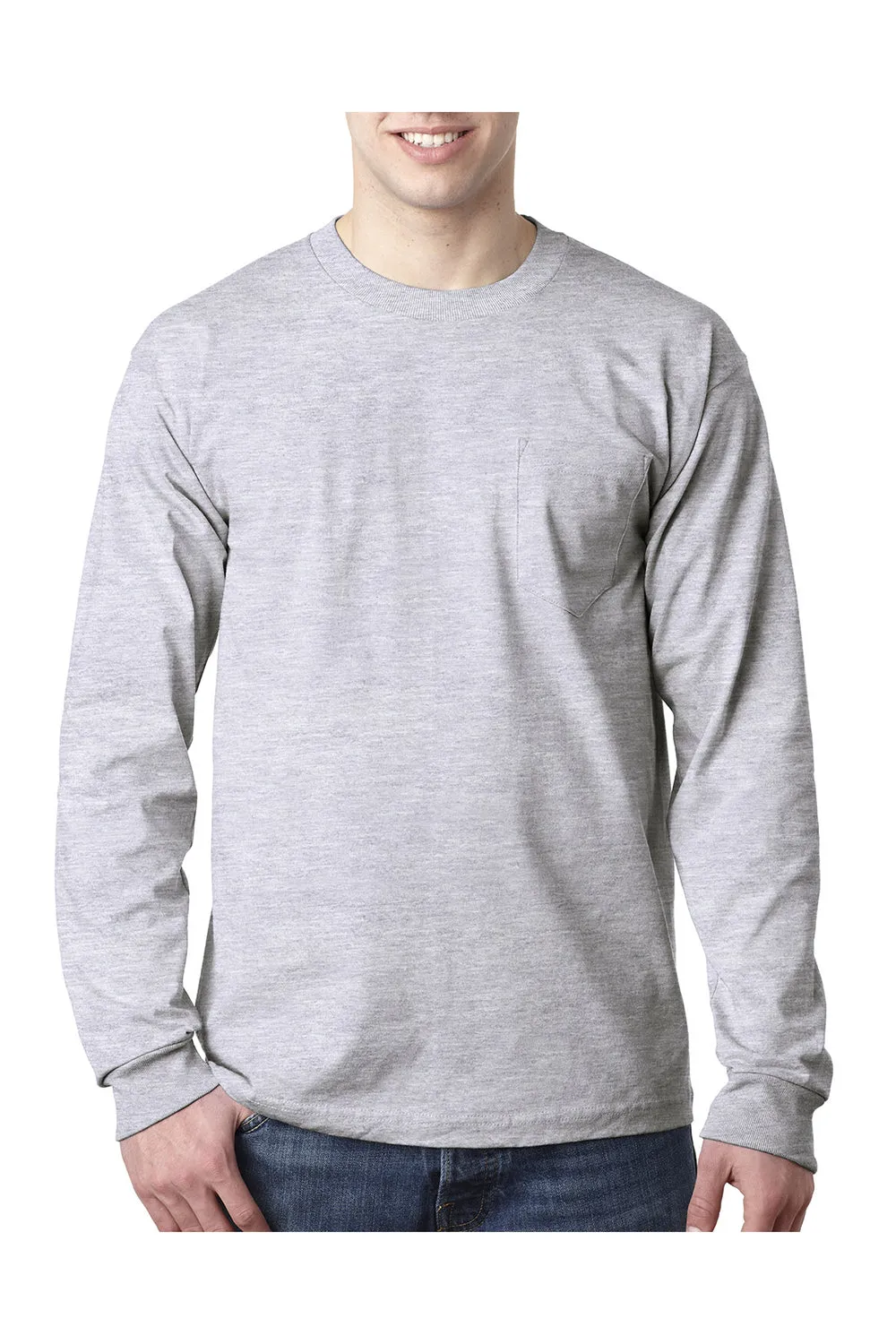 Bayside Mens USA Made Long Sleeve Crewneck T-Shirt w/ Pocket - Ash Grey
