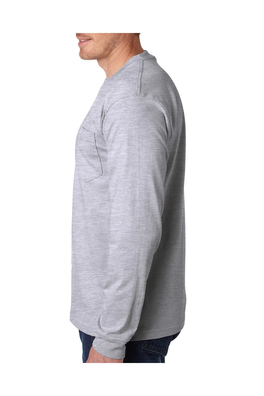 Bayside Mens USA Made Long Sleeve Crewneck T-Shirt w/ Pocket - Ash Grey