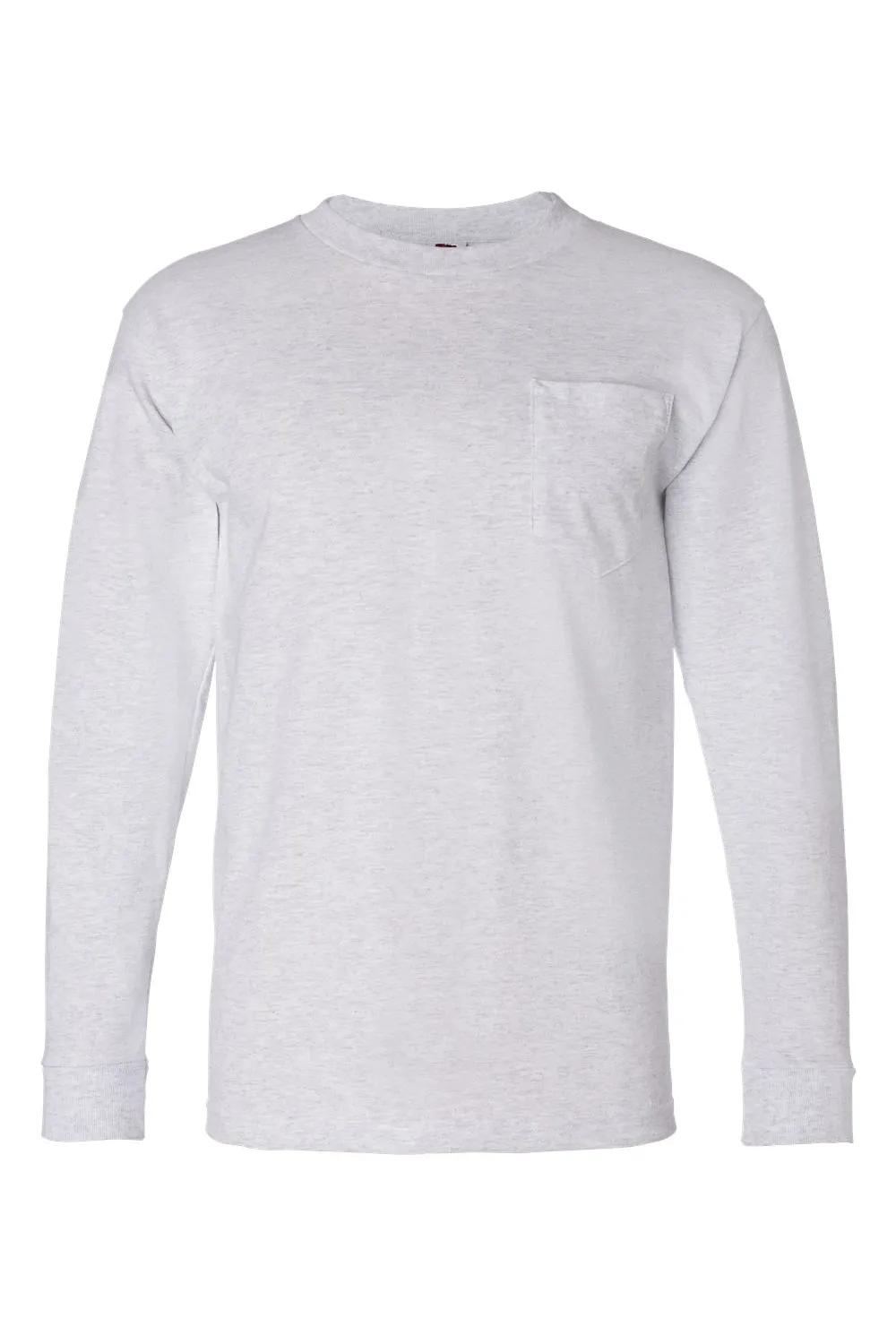 Bayside Mens USA Made Long Sleeve Crewneck T-Shirt w/ Pocket - Ash Grey