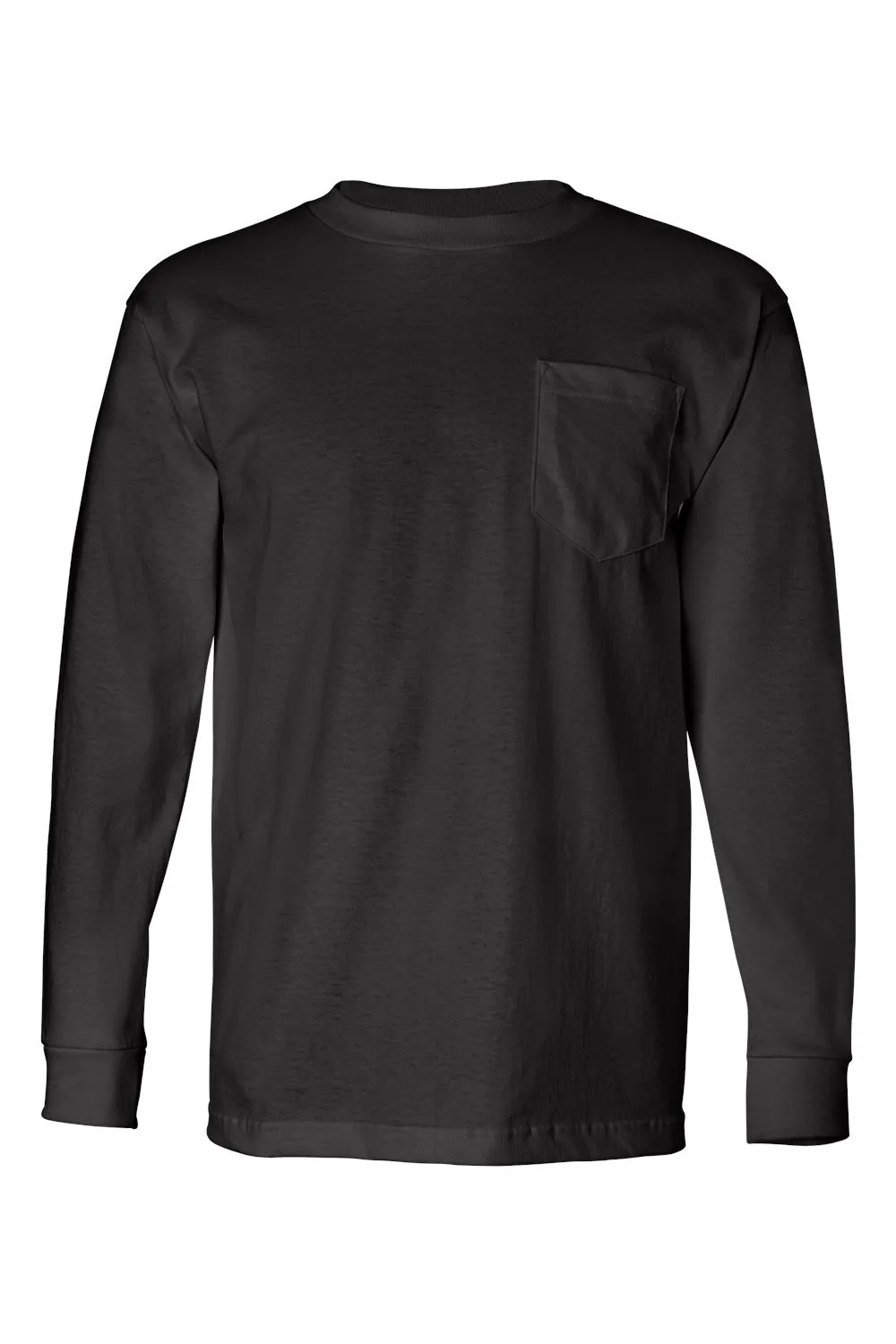 Bayside Mens USA Made Long Sleeve Crewneck T-Shirt w/ Pocket - Black