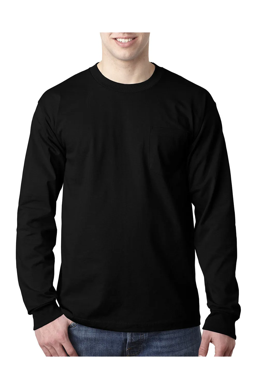 Bayside Mens USA Made Long Sleeve Crewneck T-Shirt w/ Pocket - Black