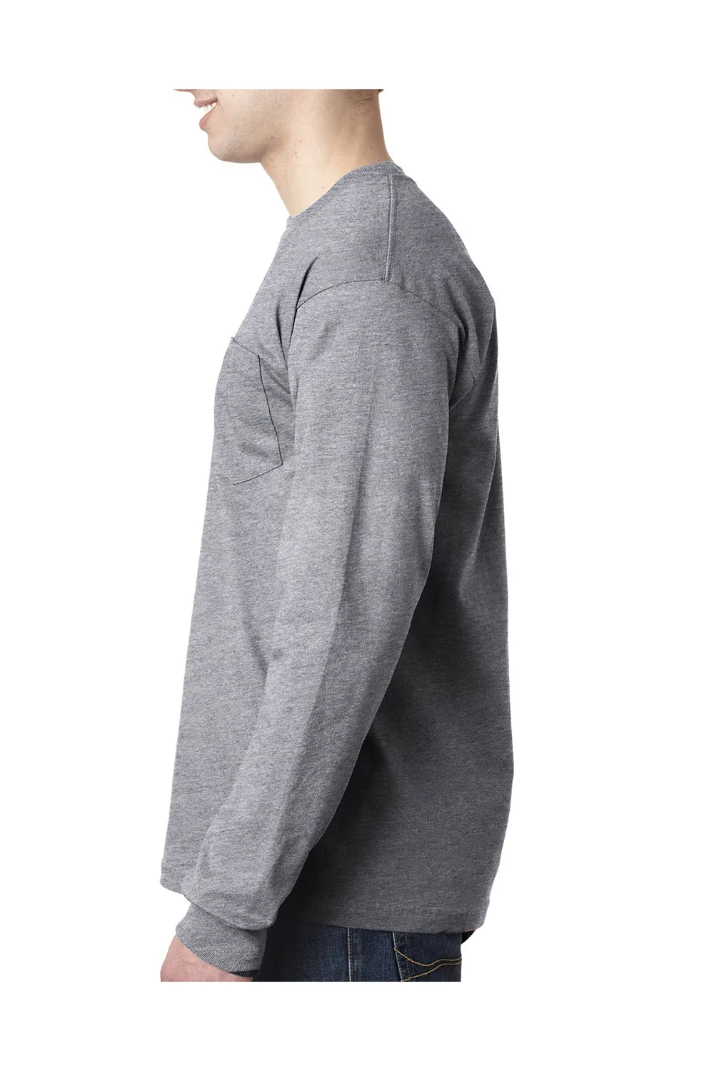 Bayside Mens USA Made Long Sleeve Crewneck T-Shirt w/ Pocket - Dark Ash Grey