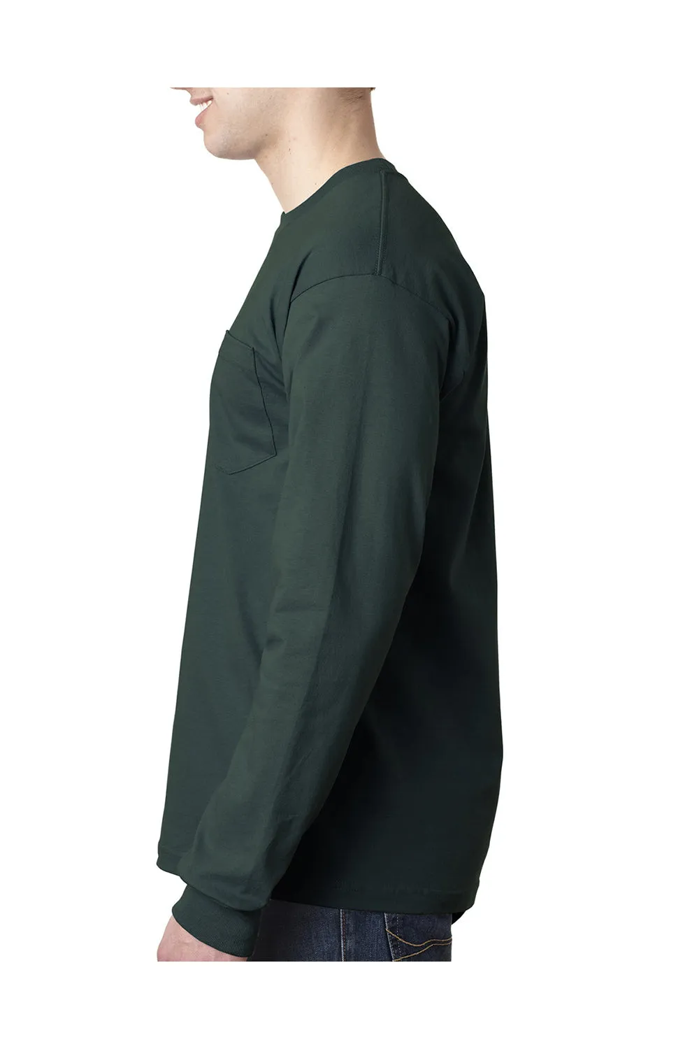 Bayside Mens USA Made Long Sleeve Crewneck T-Shirt w/ Pocket - Forest Green