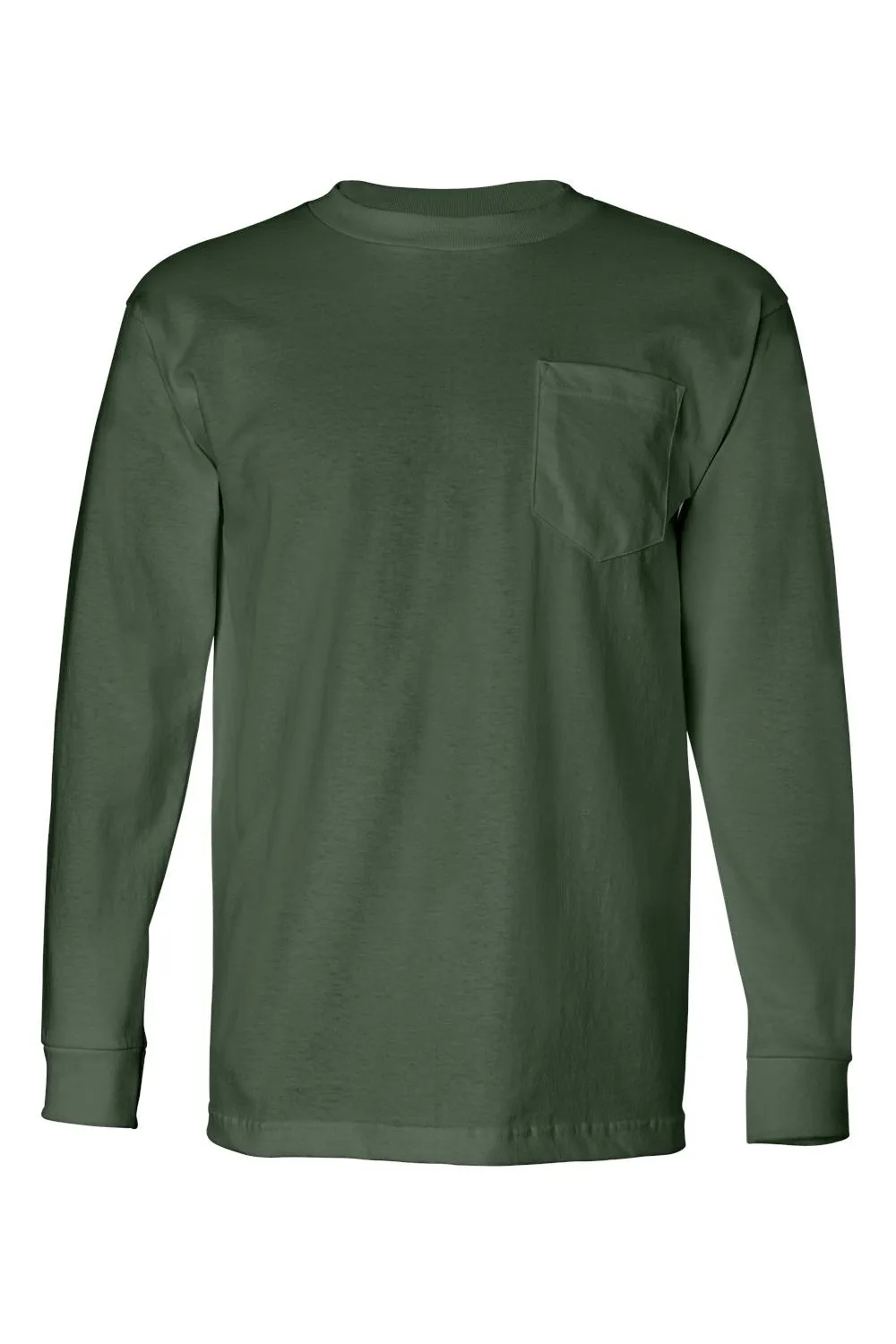 Bayside Mens USA Made Long Sleeve Crewneck T-Shirt w/ Pocket - Forest Green