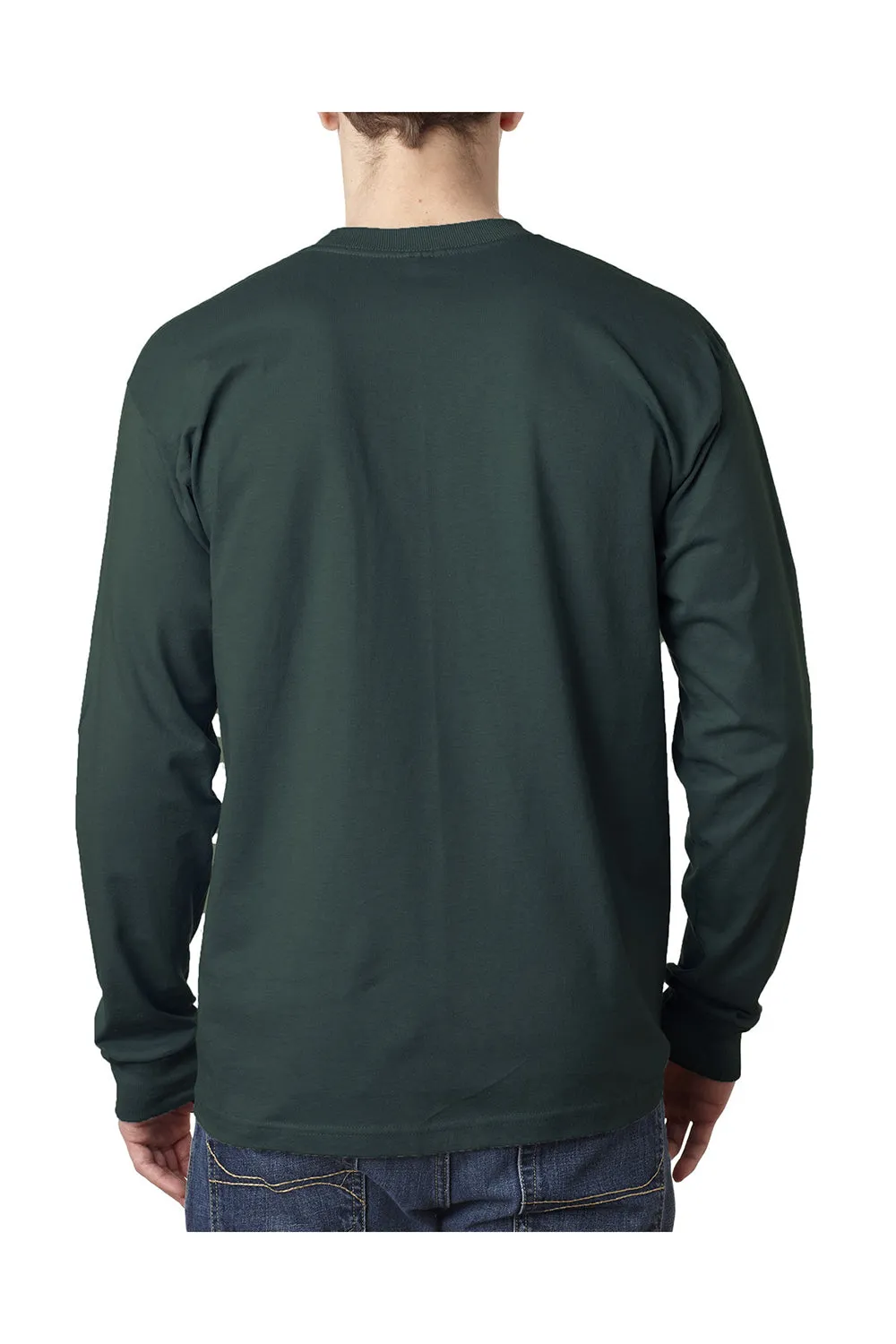 Bayside Mens USA Made Long Sleeve Crewneck T-Shirt w/ Pocket - Forest Green