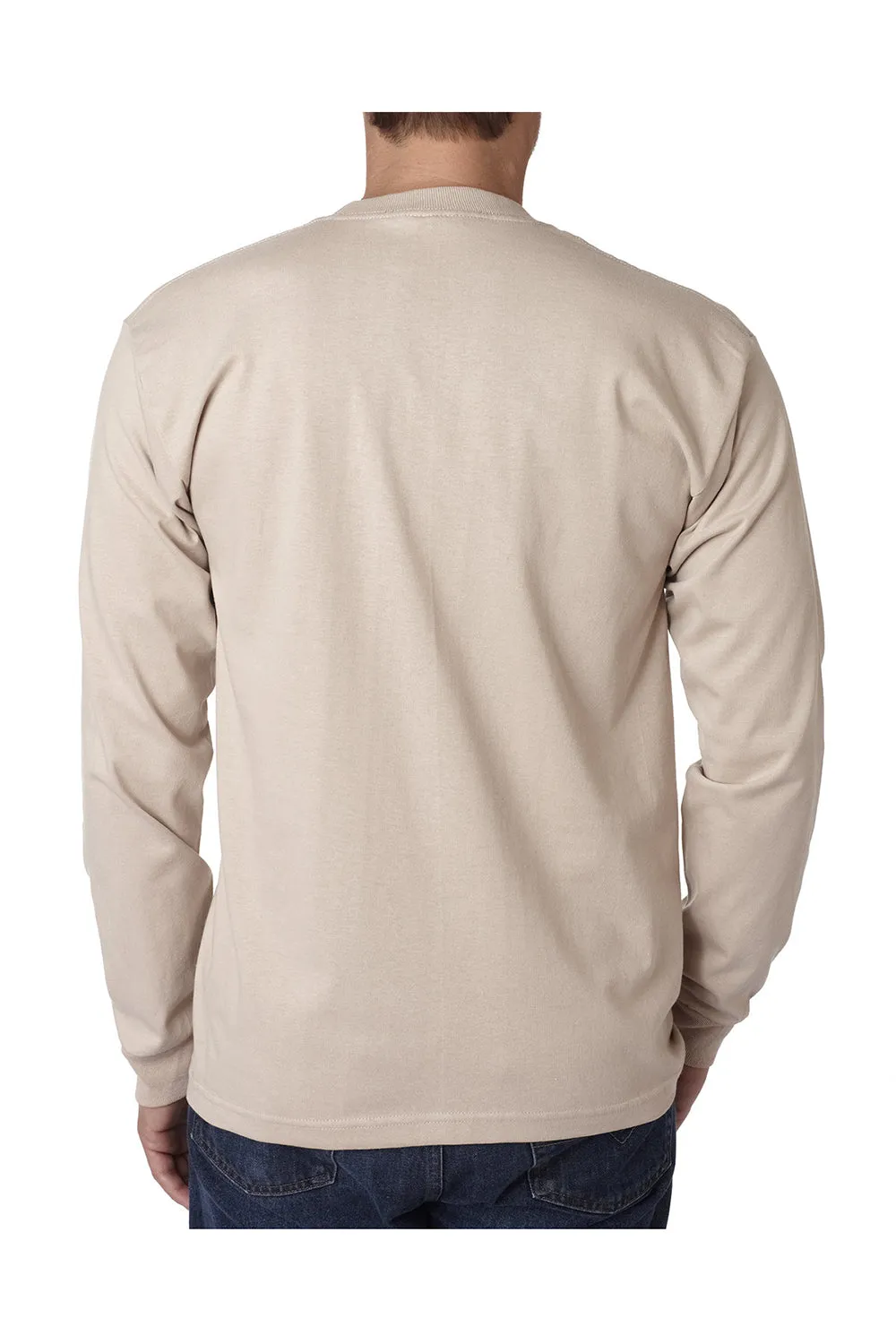 Bayside Mens USA Made Long Sleeve Crewneck T-Shirt w/ Pocket - Sand
