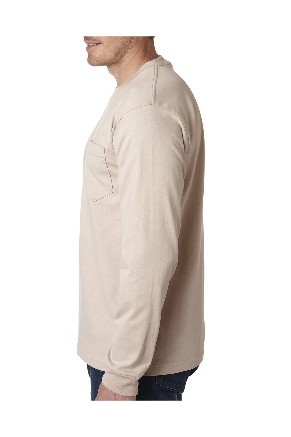Bayside Mens USA Made Long Sleeve Crewneck T-Shirt w/ Pocket - Sand