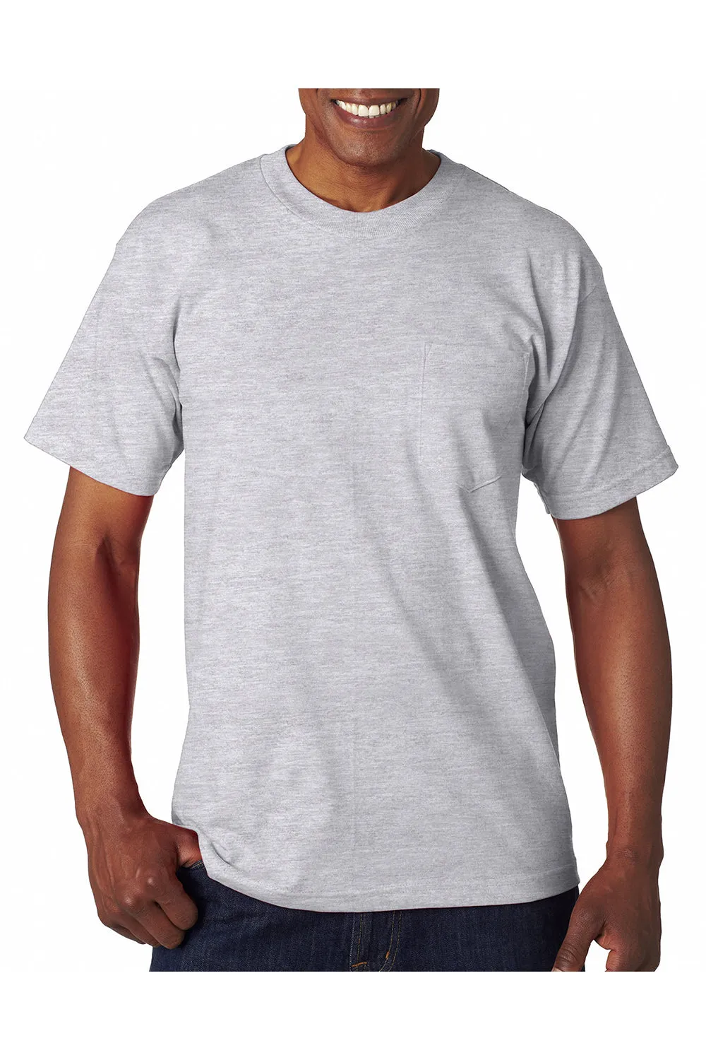 Bayside Mens USA Made Short Sleeve Crewneck T-Shirt w/ Pocket - Ash Grey