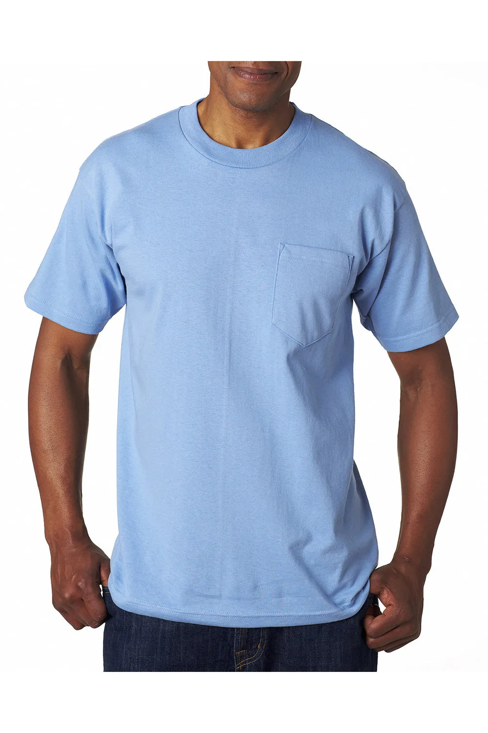 Bayside Mens USA Made Short Sleeve Crewneck T-Shirt w/ Pocket - Carolina Blue
