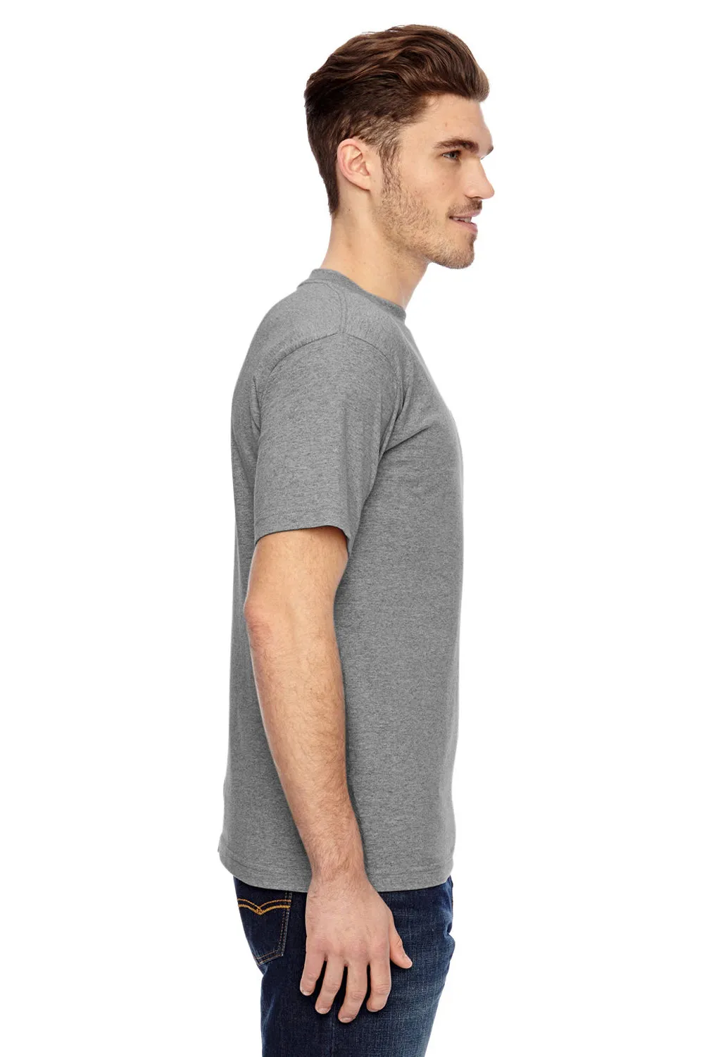 Bayside Mens USA Made Short Sleeve Crewneck T-Shirt w/ Pocket - Dark Ash Grey