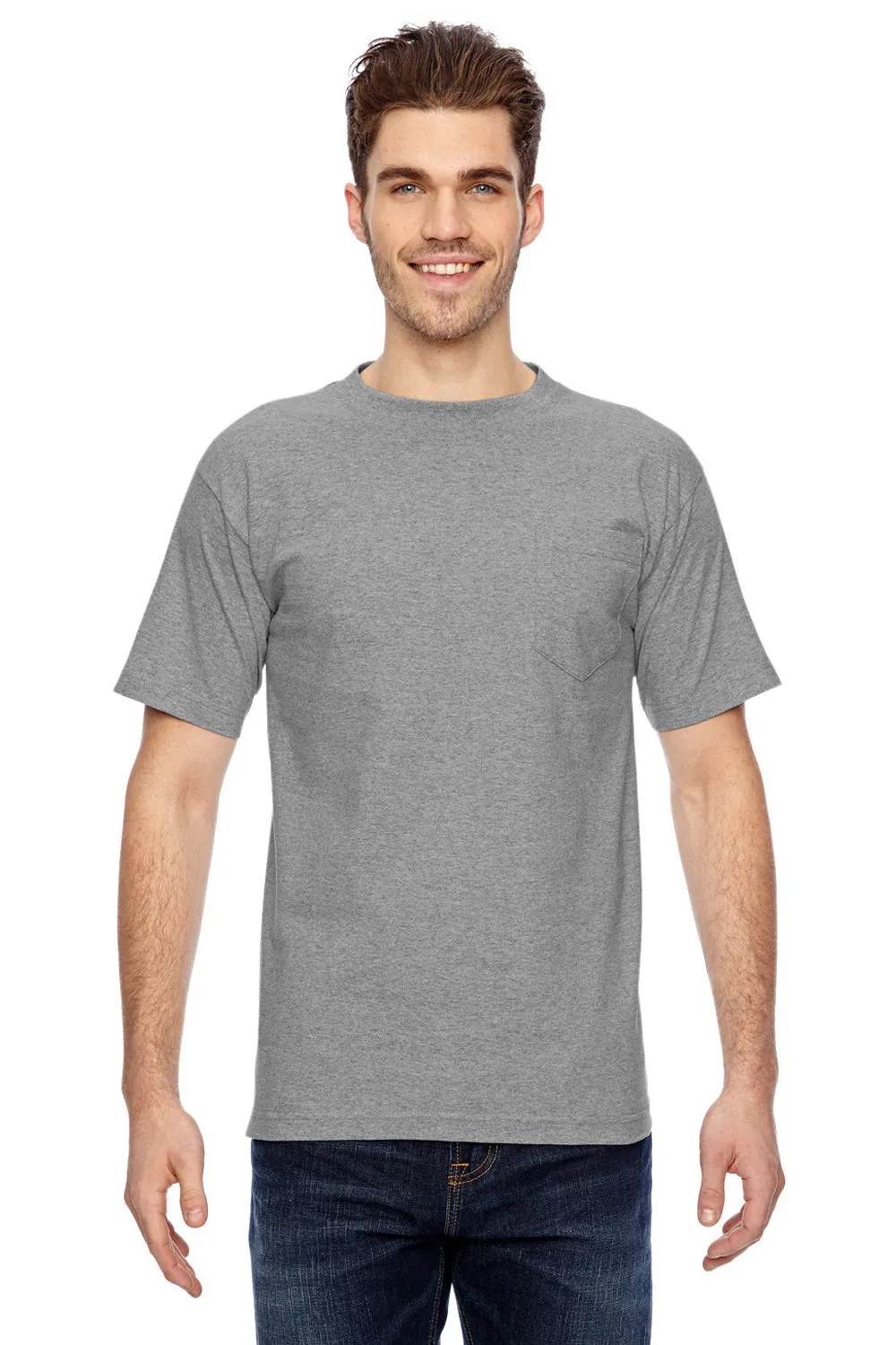Bayside Mens USA Made Short Sleeve Crewneck T-Shirt w/ Pocket - Dark Ash Grey