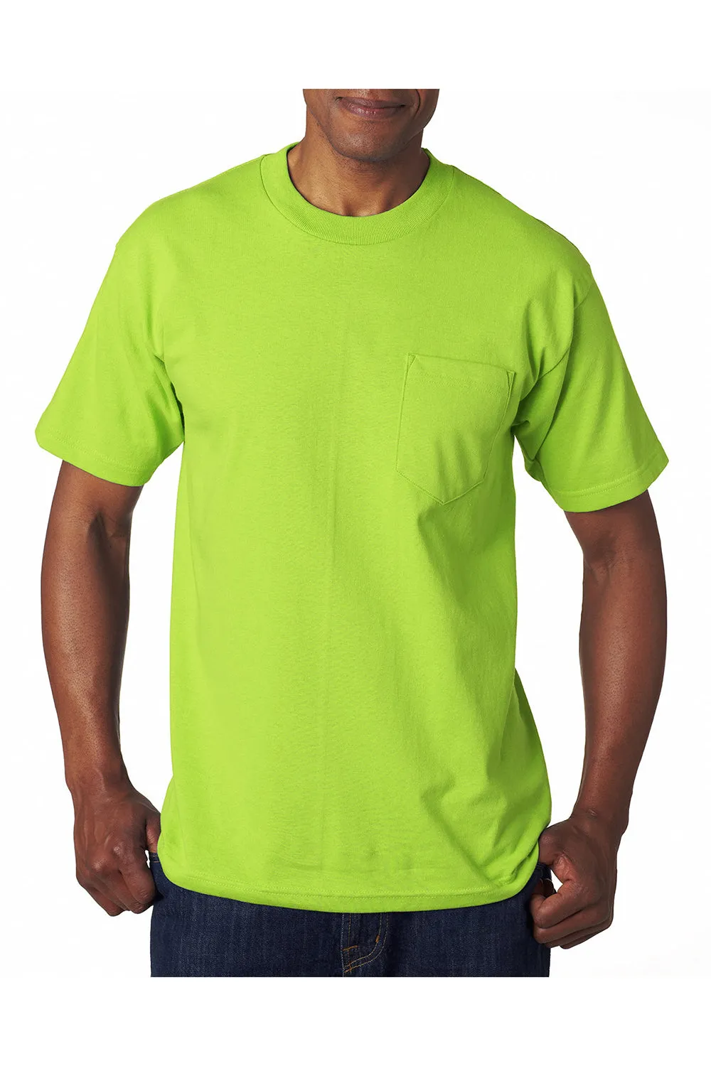 Bayside Mens USA Made Short Sleeve Crewneck T-Shirt w/ Pocket - Lime Green
