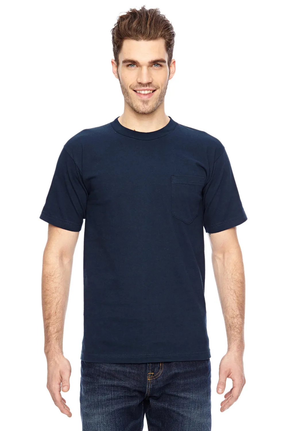 Bayside Mens USA Made Short Sleeve Crewneck T-Shirt w/ Pocket - Navy Blue