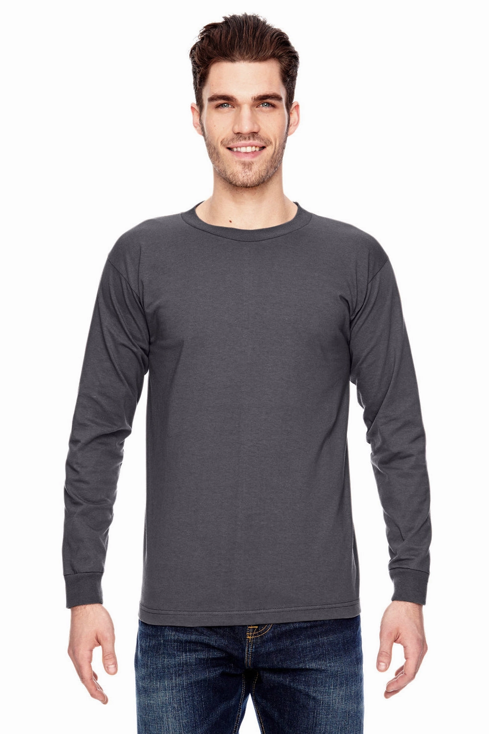Bayside Mens USA Made Long Sleeve Crewneck T-Shirt - Charcoal Grey