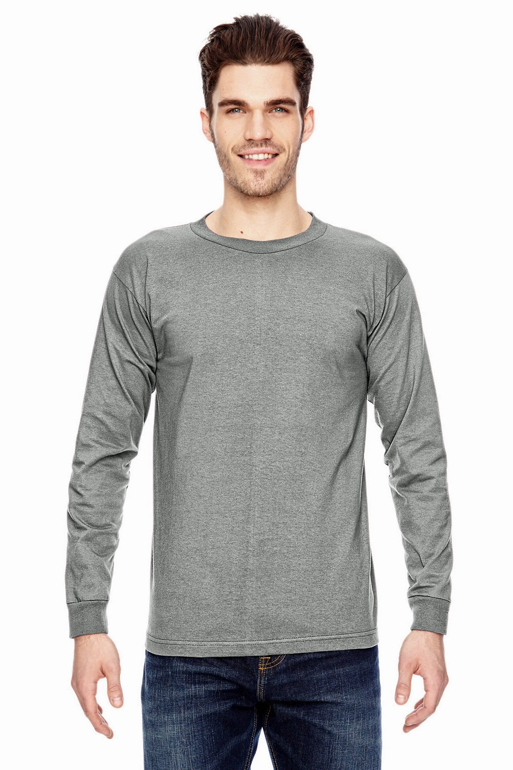 Bayside Mens USA Made Long Sleeve Crewneck T-Shirt - Dark Ash Grey