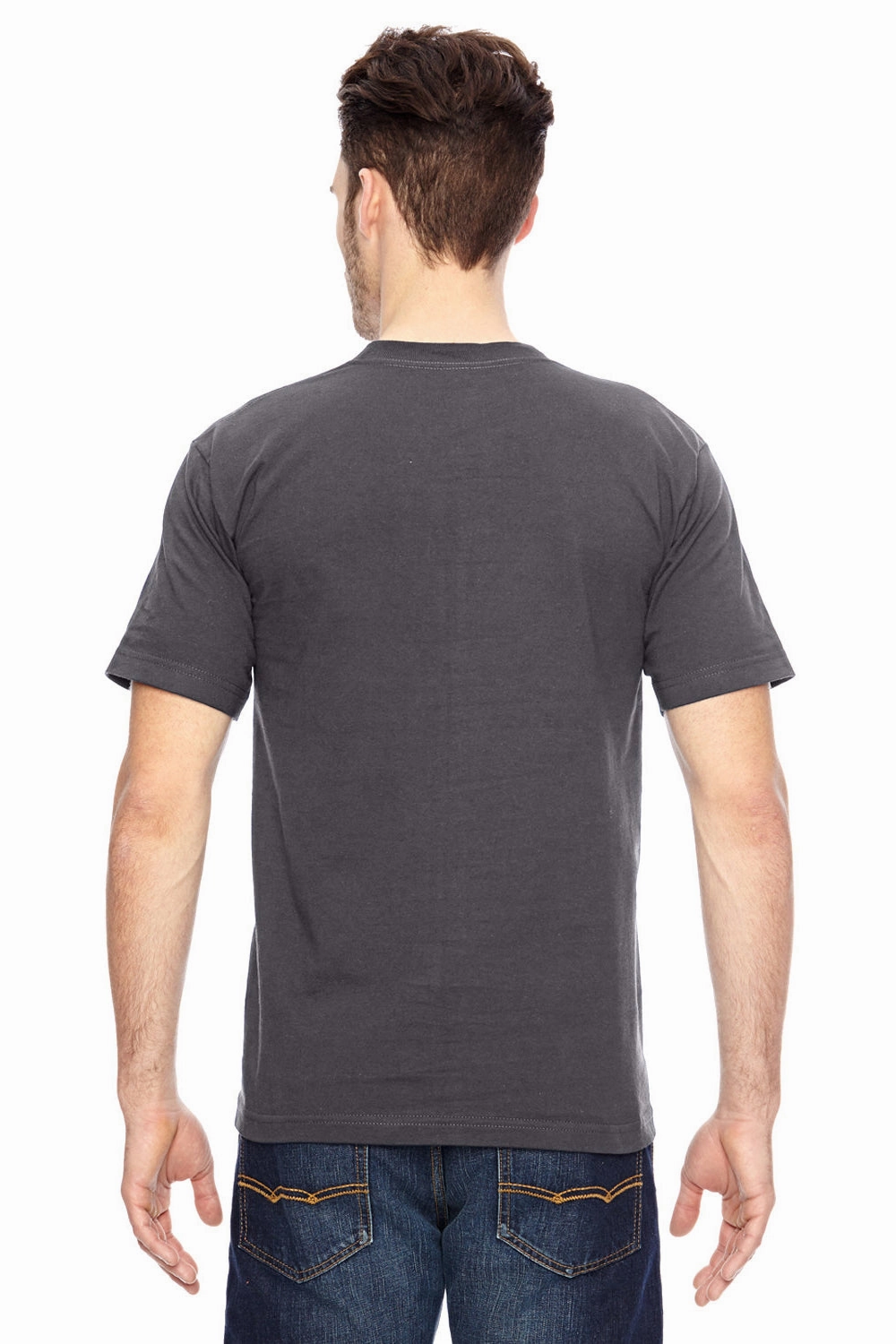 Bayside Mens USA Made Short Sleeve Crewneck T-Shirt w/ Pocket - Charcoal Grey
