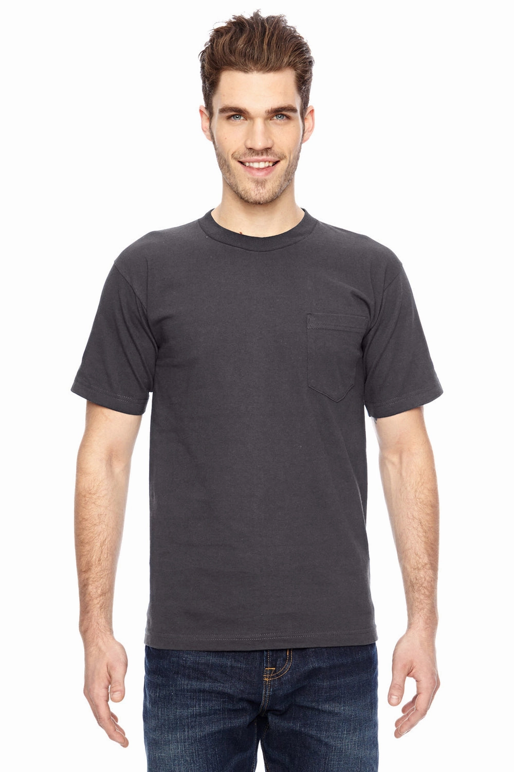 Bayside Mens USA Made Short Sleeve Crewneck T-Shirt w/ Pocket - Charcoal Grey