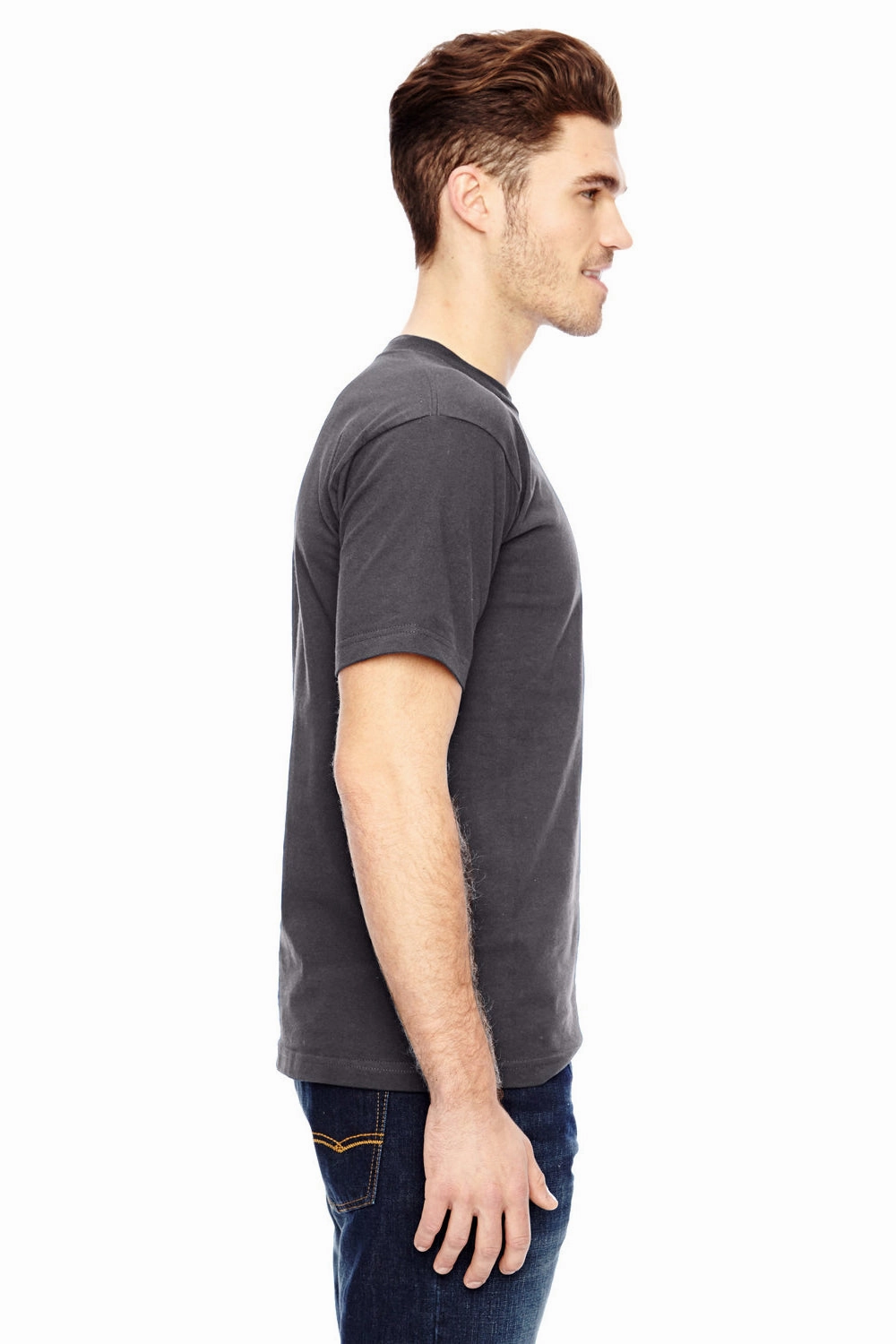 Bayside Mens USA Made Short Sleeve Crewneck T-Shirt w/ Pocket - Charcoal Grey
