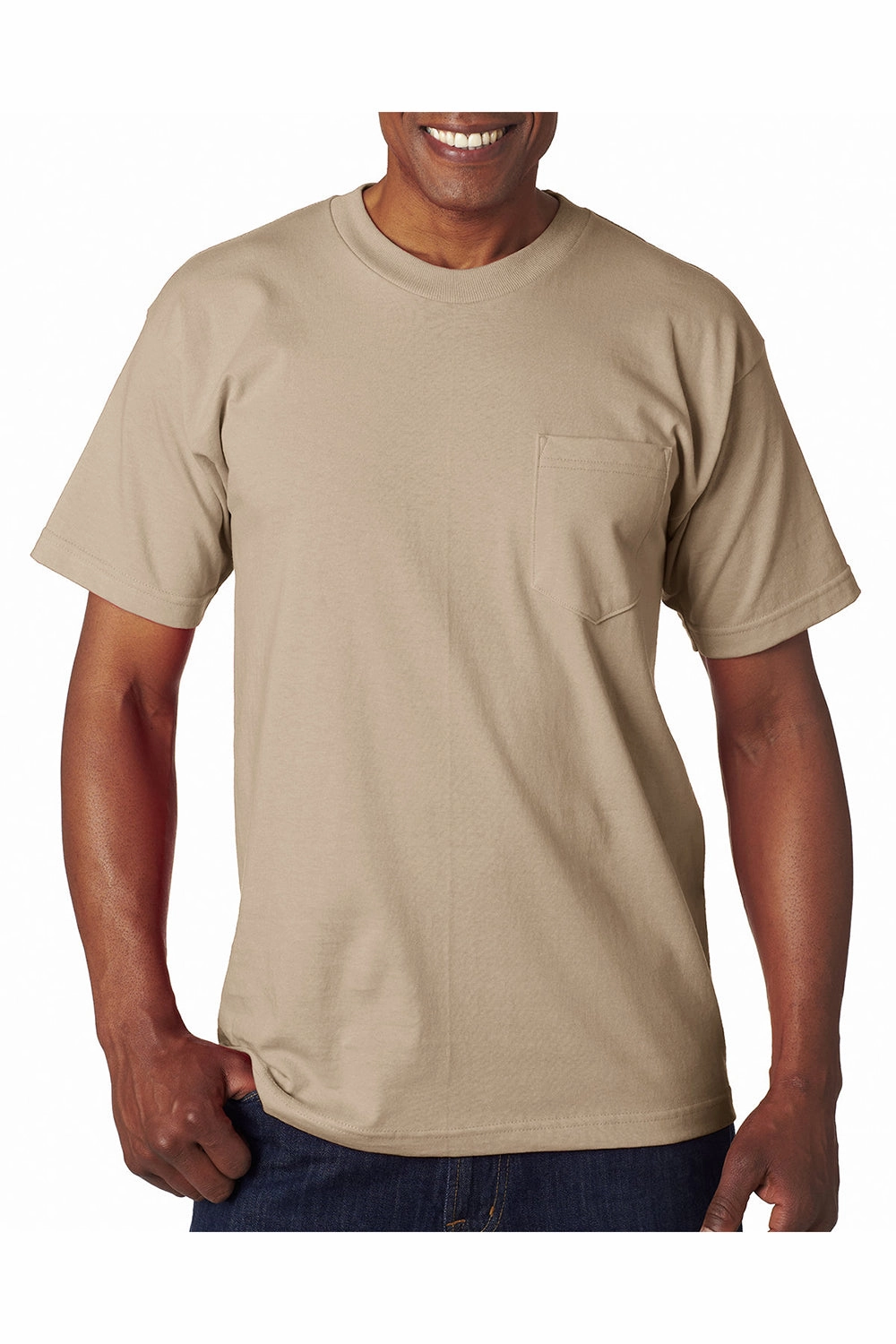 Bayside Mens USA Made Short Sleeve Crewneck T-Shirt w/ Pocket - Sand