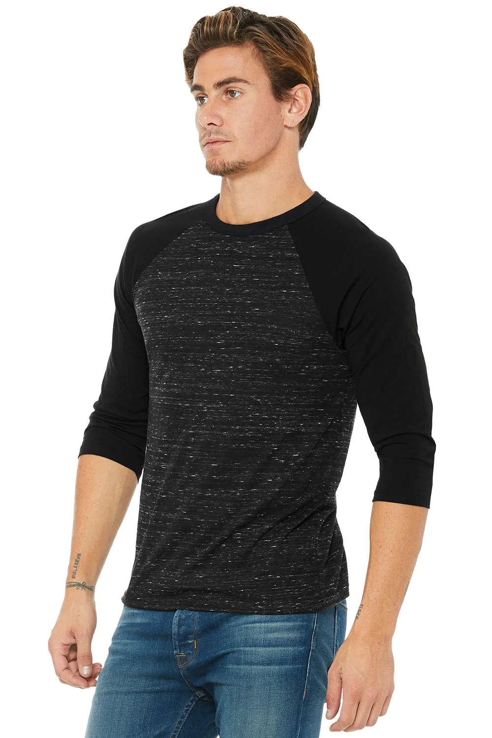 Bella   Canvas Mens 3/4 Sleeve Crewneck T-Shirt - Black Marble/Black